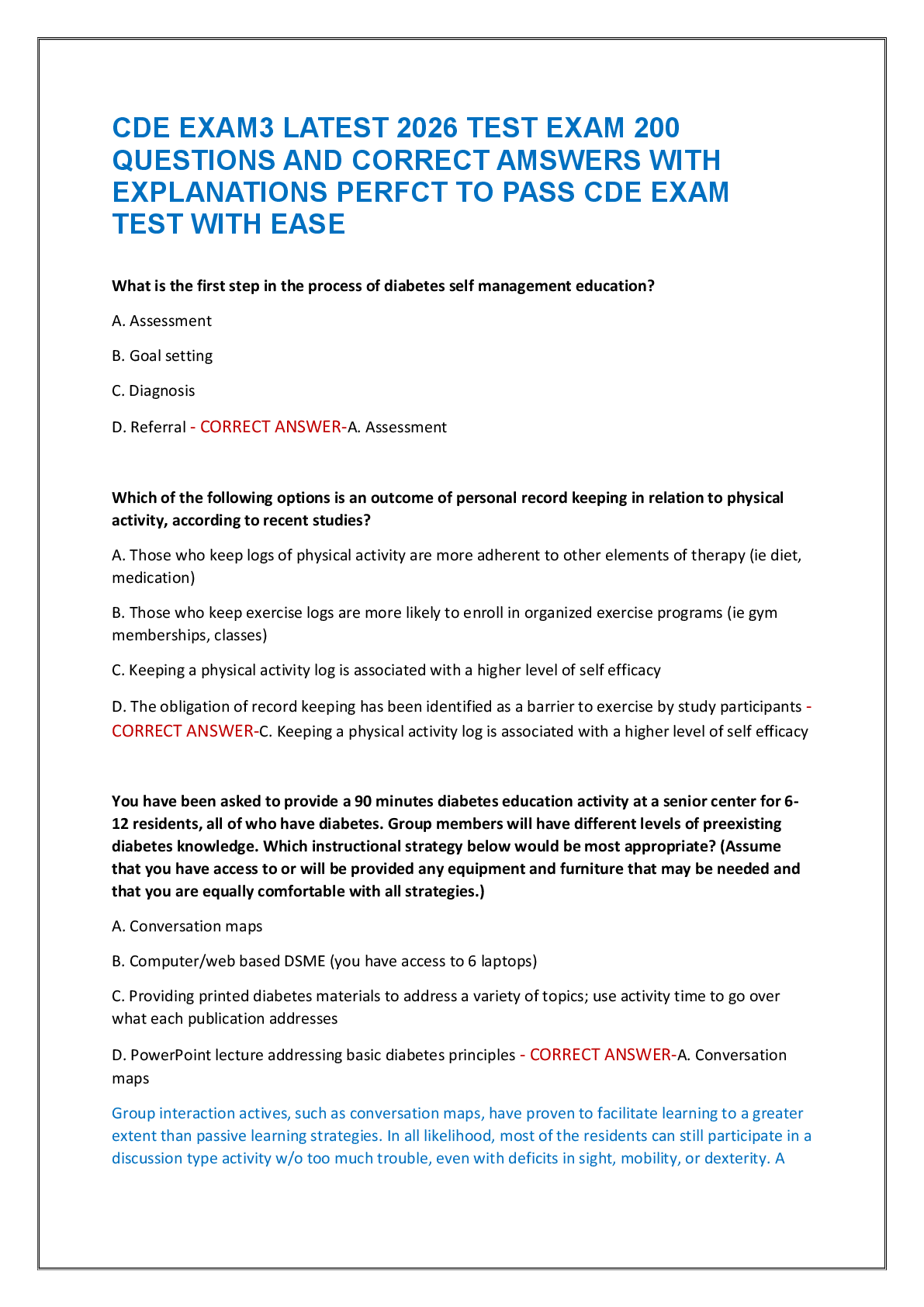 Recommended document preview for CDE EXAM3 LATEST 2026 TEST EXAM 200  QUESTIONS AND CORRECT AMSWERS WITH  EXPLANATIONS PERFCT TO PASS CDE EXAM  TEST WITH EASE