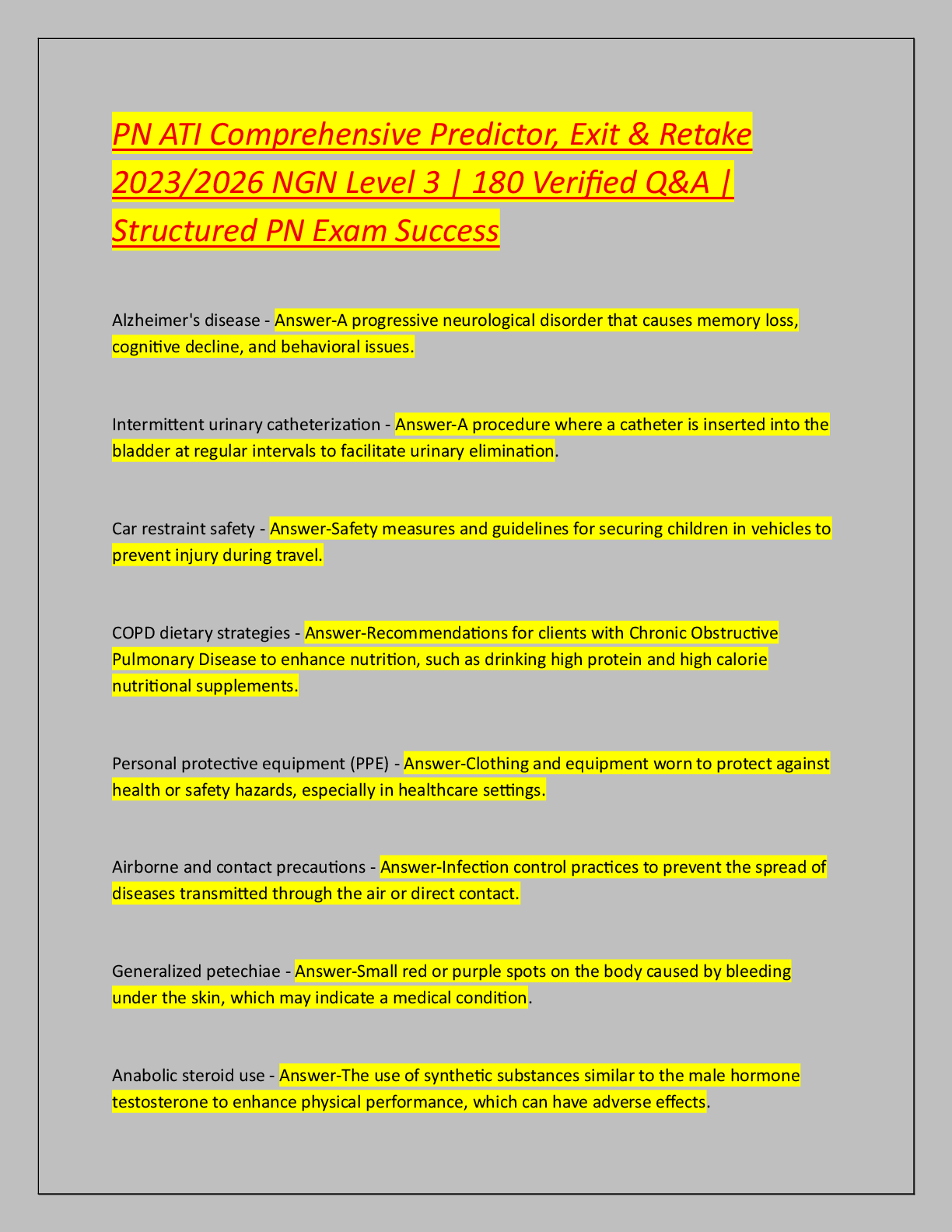 Recommended document preview for PN ATI Comprehensive Predictor, Exit & Retake  2023/2026 NGN Level 3 | 180 Verified Q&A |  Structured PN Exam Success