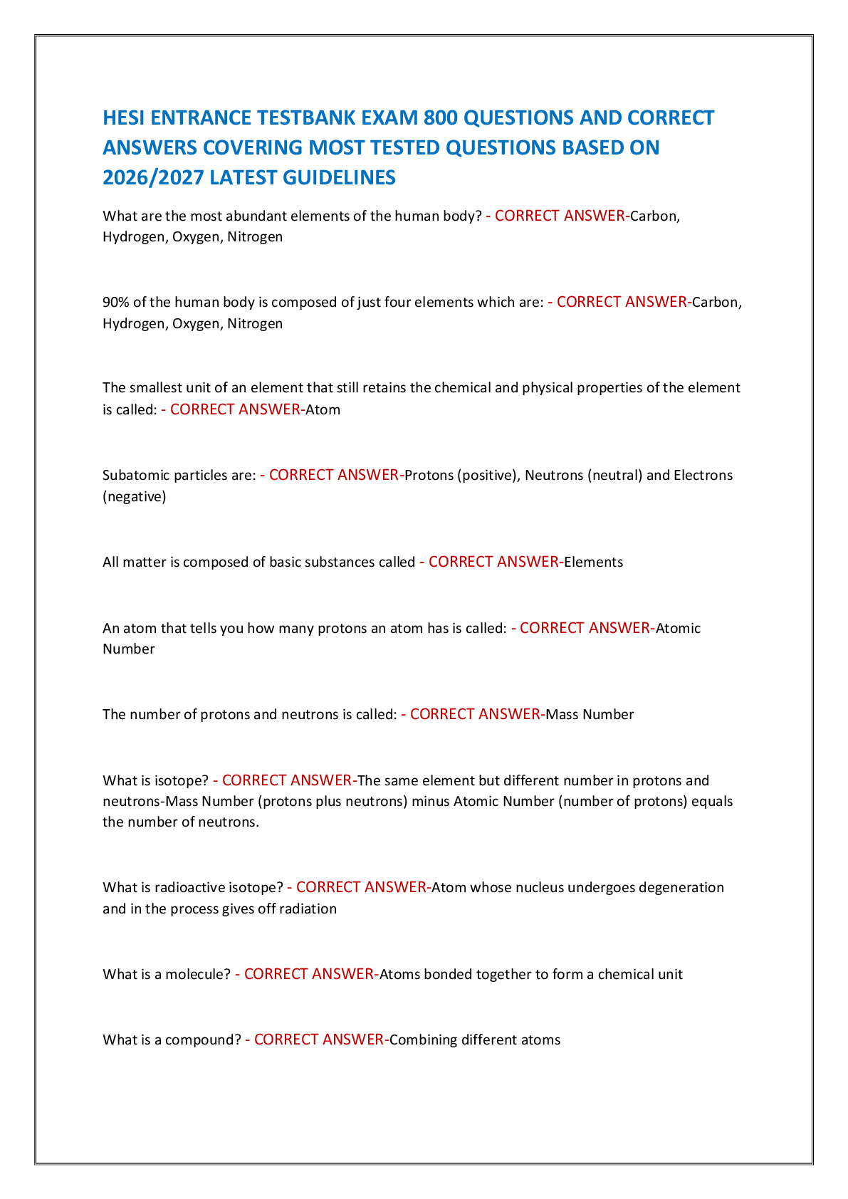Recommended document preview for HESI ENTRANCE TESTBANK EXAM 800 QUESTIONS AND CORRECT  ANSWERS COVERING MOST TESTED QUESTIONS BASED ON  2026/2027 LATEST GUIDELINES