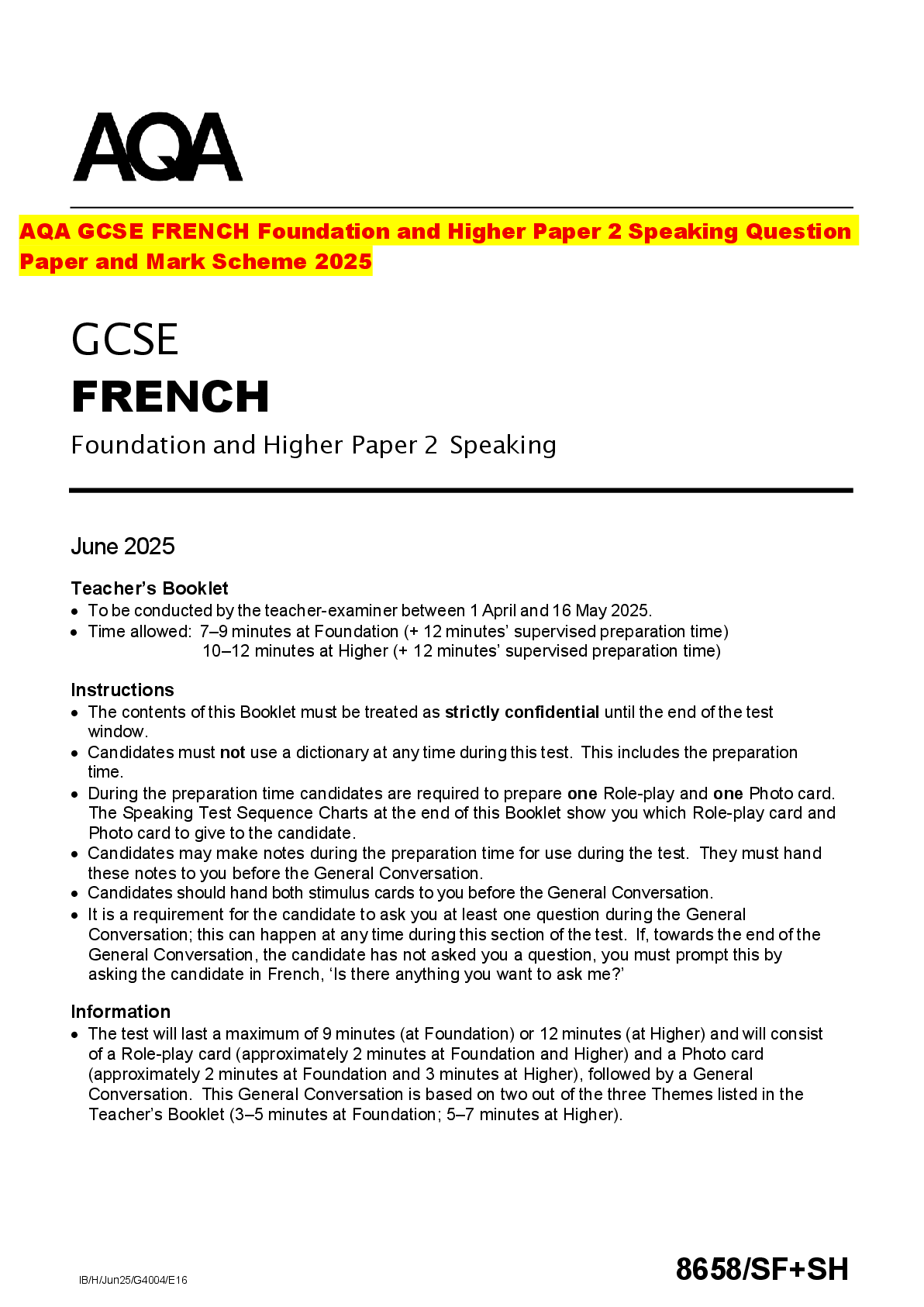 Recommended document preview for AQA GCSE FRENCH Foundation and Higher Paper 2 Speaking Question Paper and Mark Scheme 2025