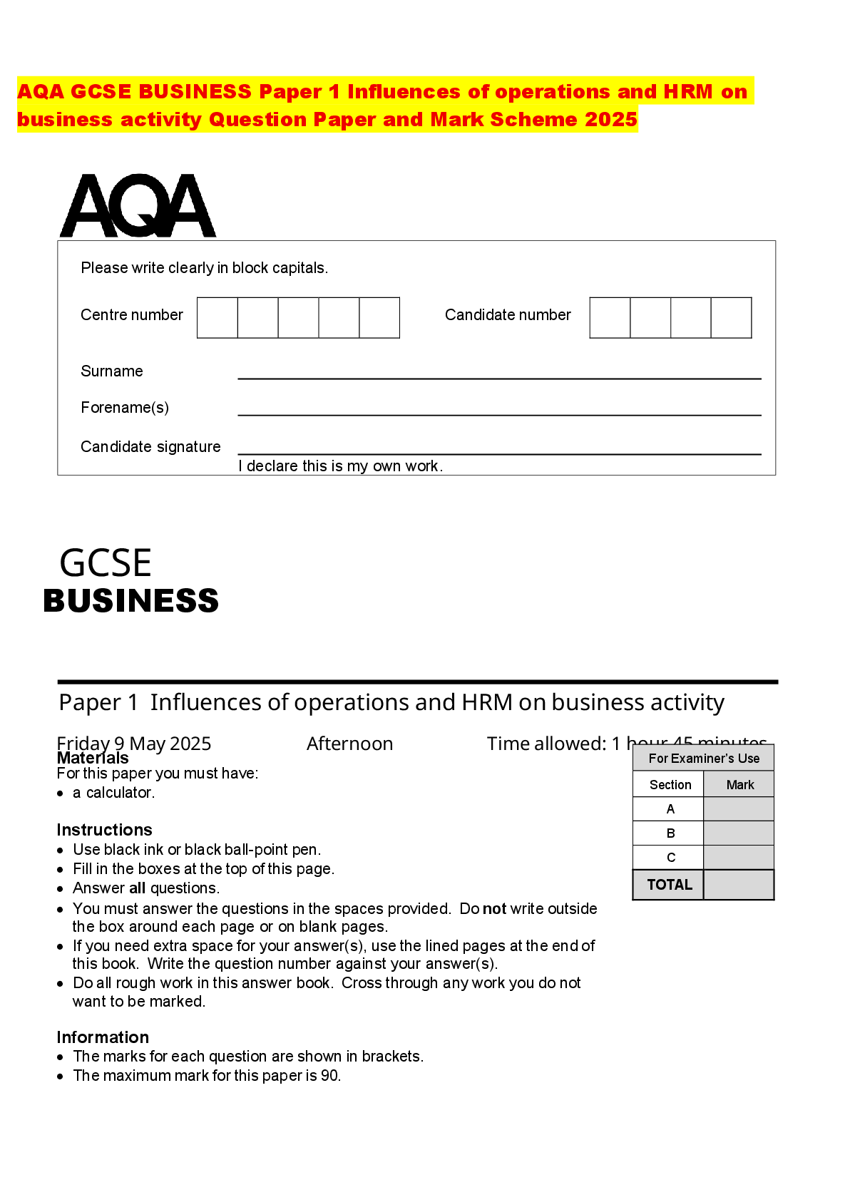 Recommended document preview for AQA GCSE BUSINESS Paper 1 Influences of operations and HRM on business activity Question Paper and Mark Scheme 2025