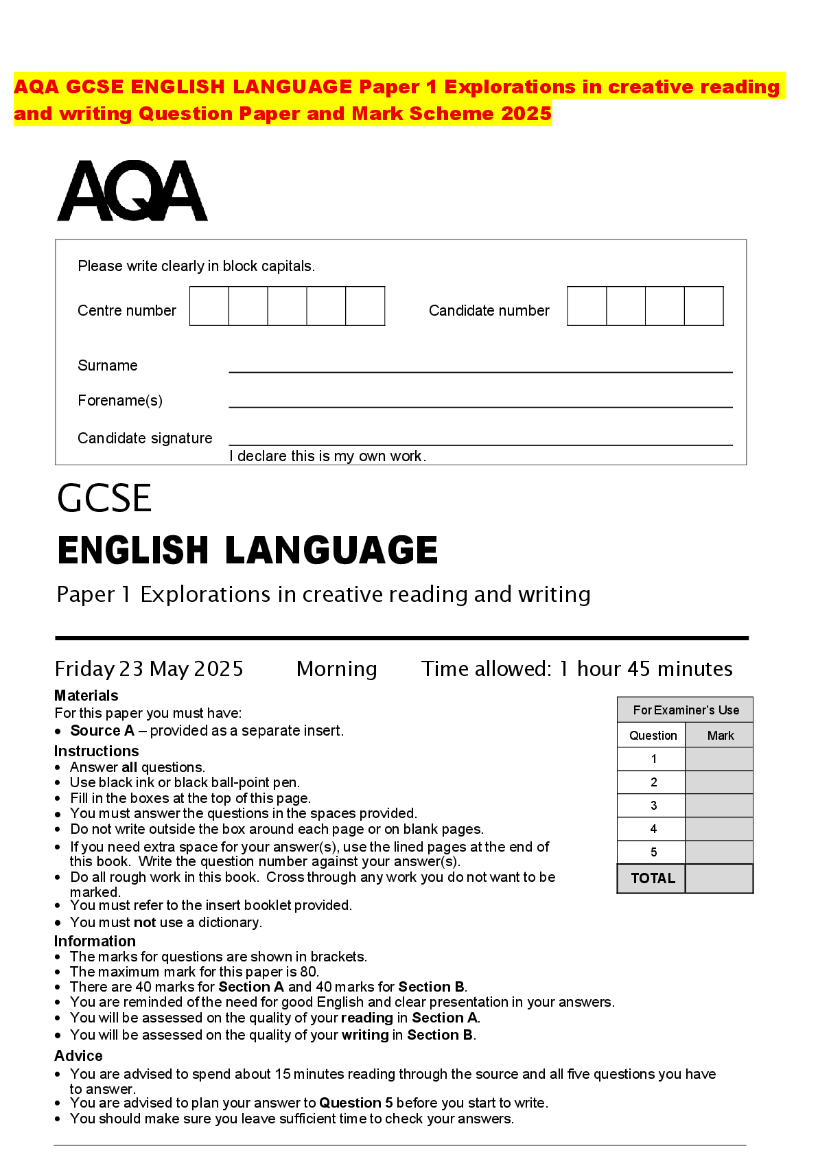 Recommended document preview for AQA GCSE ENGLISH LANGUAGE Paper 1 Explorations in creative reading and writing Question Paper and Mark Scheme 2025
