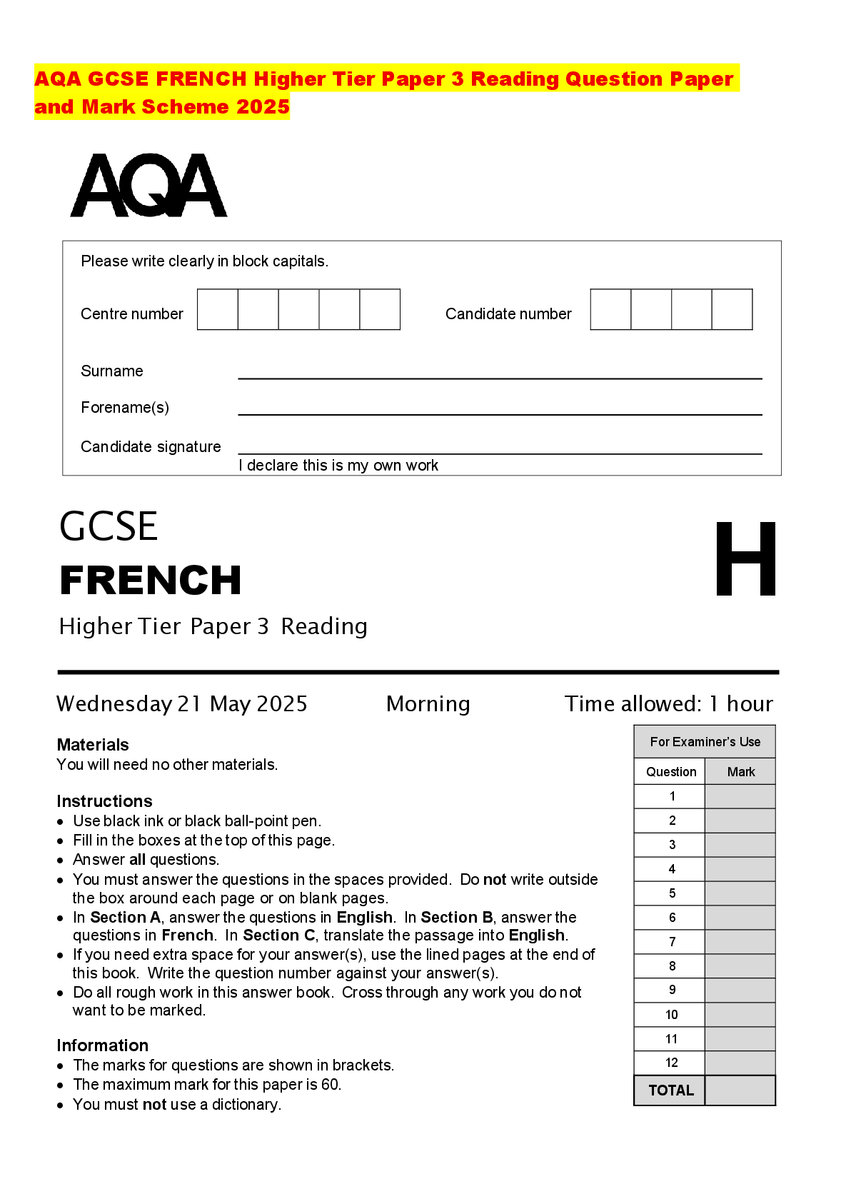 Recommended document preview for AQA GCSE FRENCH Higher Tier Paper 3 Reading Question Paper and Mark Scheme 2025