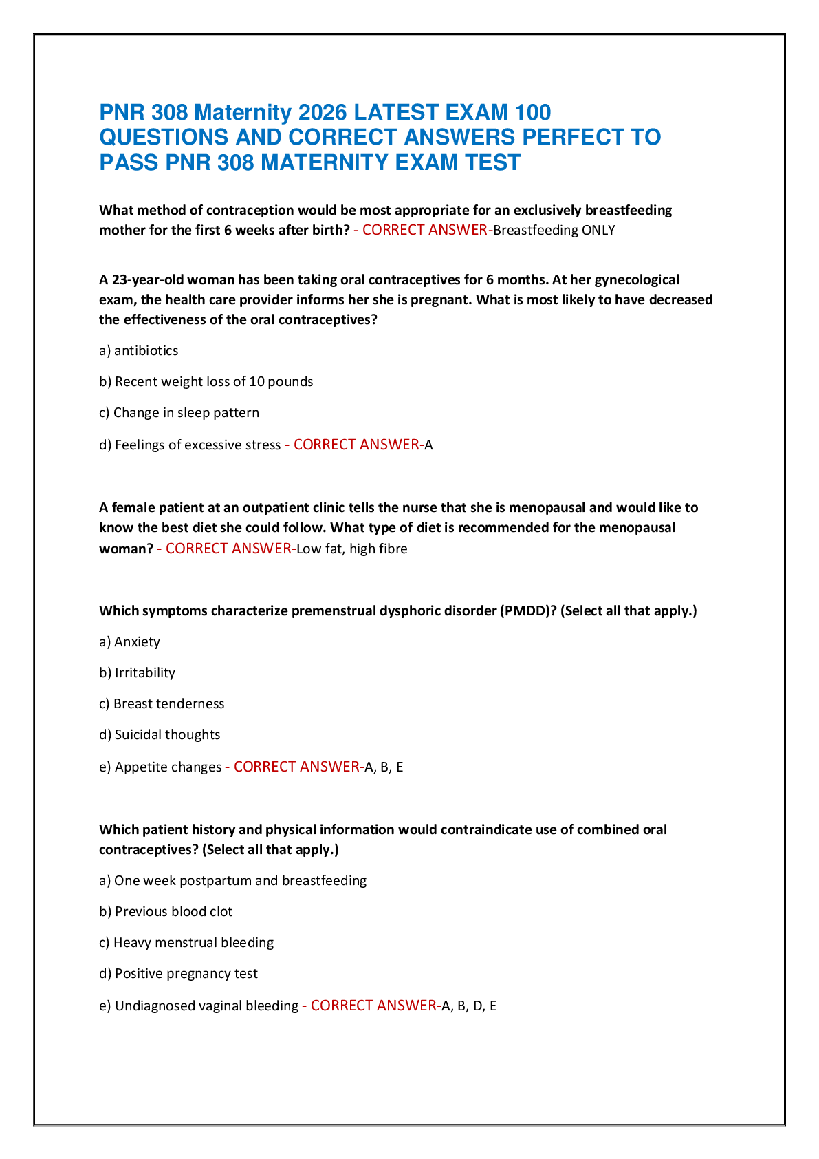 Recommended document preview for PNR 308 Maternity 2026 LATEST EXAM 100  QUESTIONS AND CORRECT ANSWERS PERFECT TO  PASS PNR 308 MATERNITY EXAM TEST