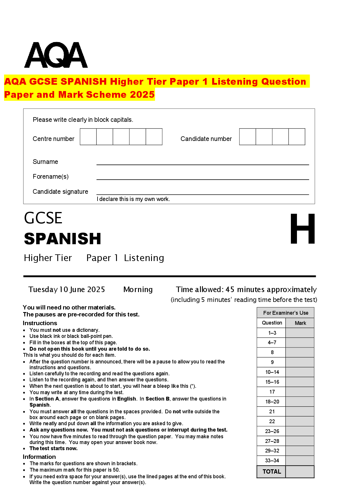 Recommended document preview for AQA GCSE SPANISH Higher Tier Paper 1 Listening Question Paper and Mark Scheme 2025