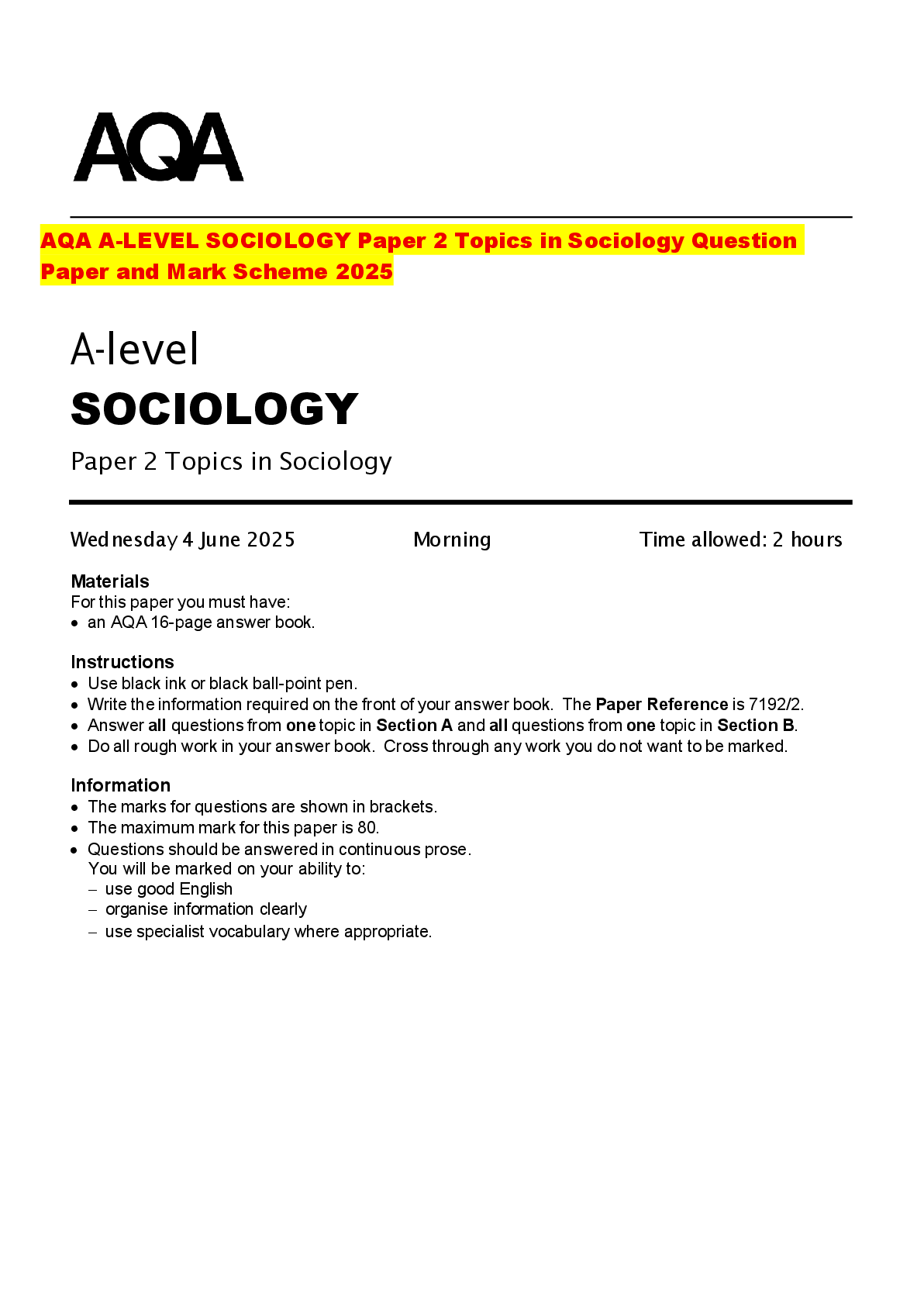 Recommended document preview for AQA A-LEVEL SOCIOLOGY Paper 2 Topics in Sociology Question Paper and Mark Scheme 2025