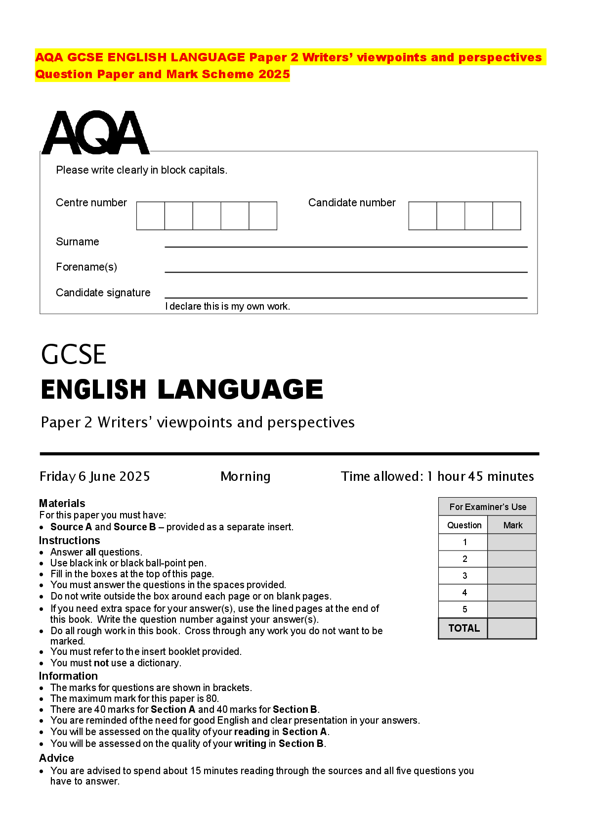 Recommended document preview for AQA GCSE ENGLISH LANGUAGE Paper 2 Writers’ viewpoints and perspectives Question Paper and Mark Scheme 2025