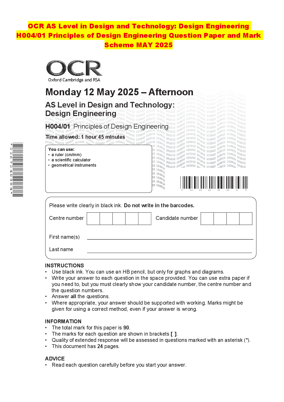 Recommended document preview for OCR AS Level in Design and Technology: Design Engineering H004/01 Principles of Design Engineering Question Paper and Mark Scheme MAY 2025