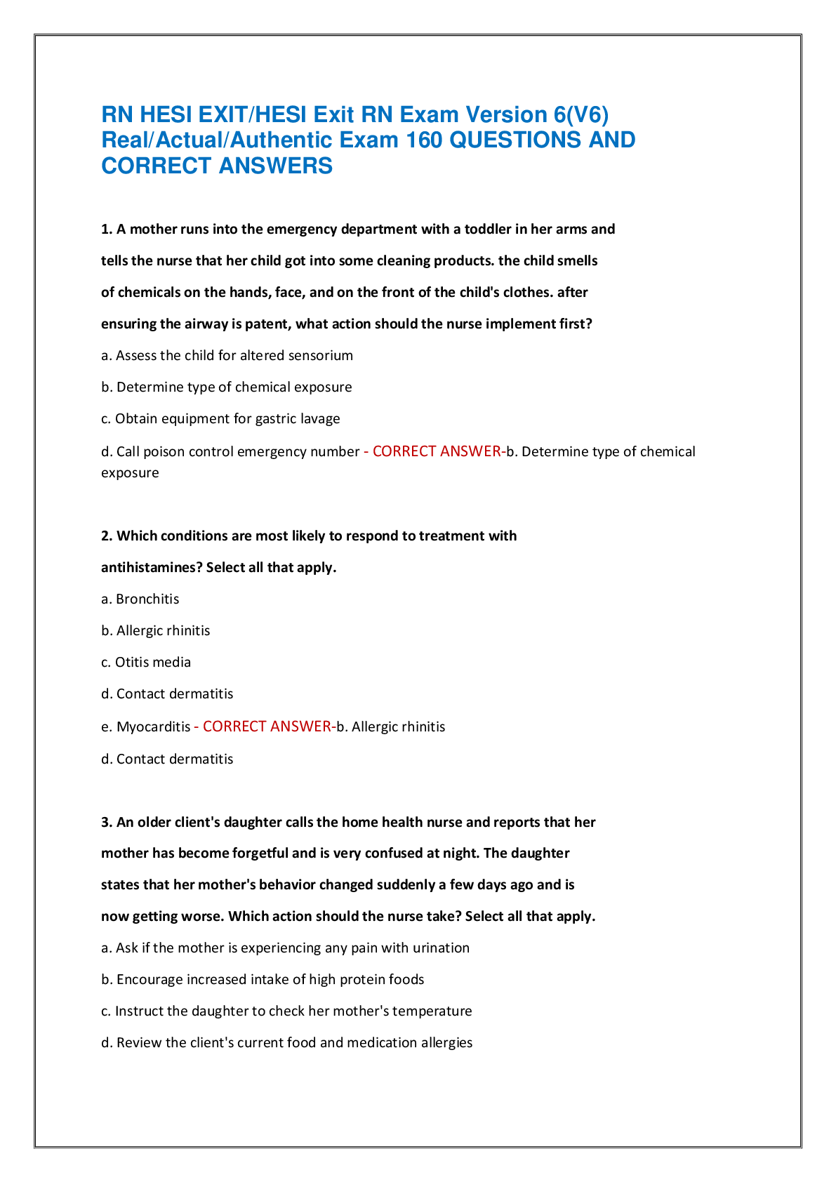 Recommended document preview for RN HESI EXIT/HESI Exit RN Exam Version 6(V6)  Real/Actual/Authentic Exam 160 QUESTIONS AND  CORRECT ANSWERS