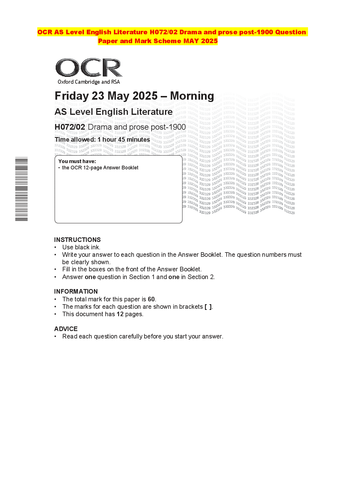 Recommended document preview for OCR AS Level English Literature H072/02 Drama and prose post-1900 Question Paper and Mark Scheme MAY 2025