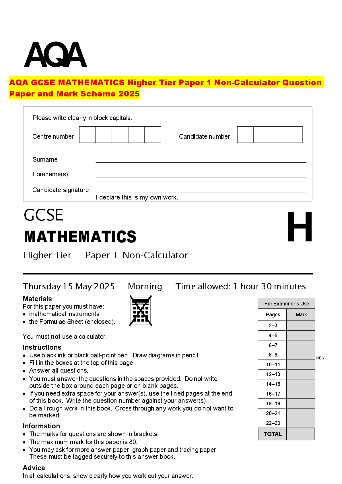 Recommended document preview for AQA GCSE MATHEMATICS Higher Tier Paper 1 Non-Calculator Question Paper and Mark Scheme 2025