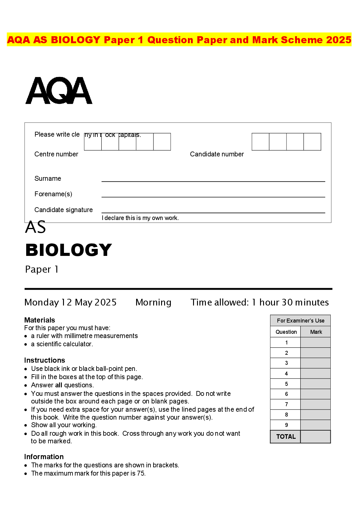 Recommended document preview for AQA AS BIOLOGY Paper 1 Question Paper and Mark Scheme 2025