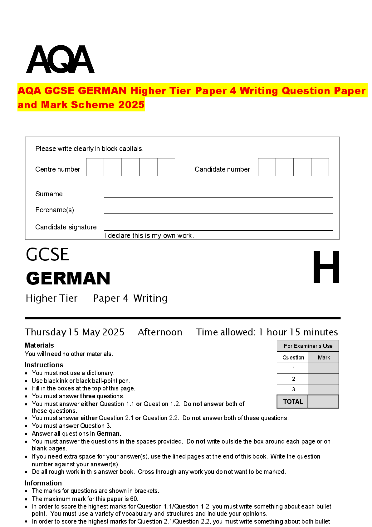 Recommended document preview for AQA GCSE GERMAN Higher Tier Paper 4 Writing Question Paper and Mark Scheme 2025