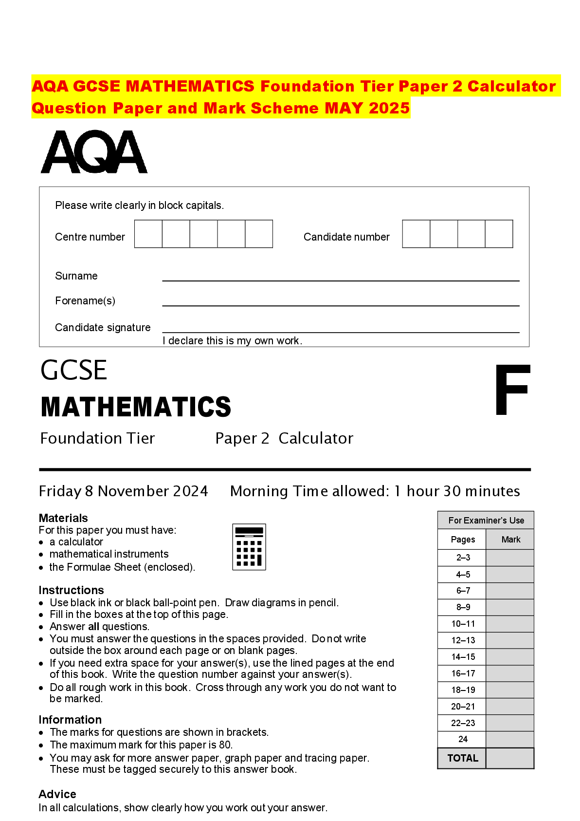 Preview of AQA GCSE MATHEMATICS Foundation Tier Paper 2 Calculator Question Paper and Mark Scheme MAY