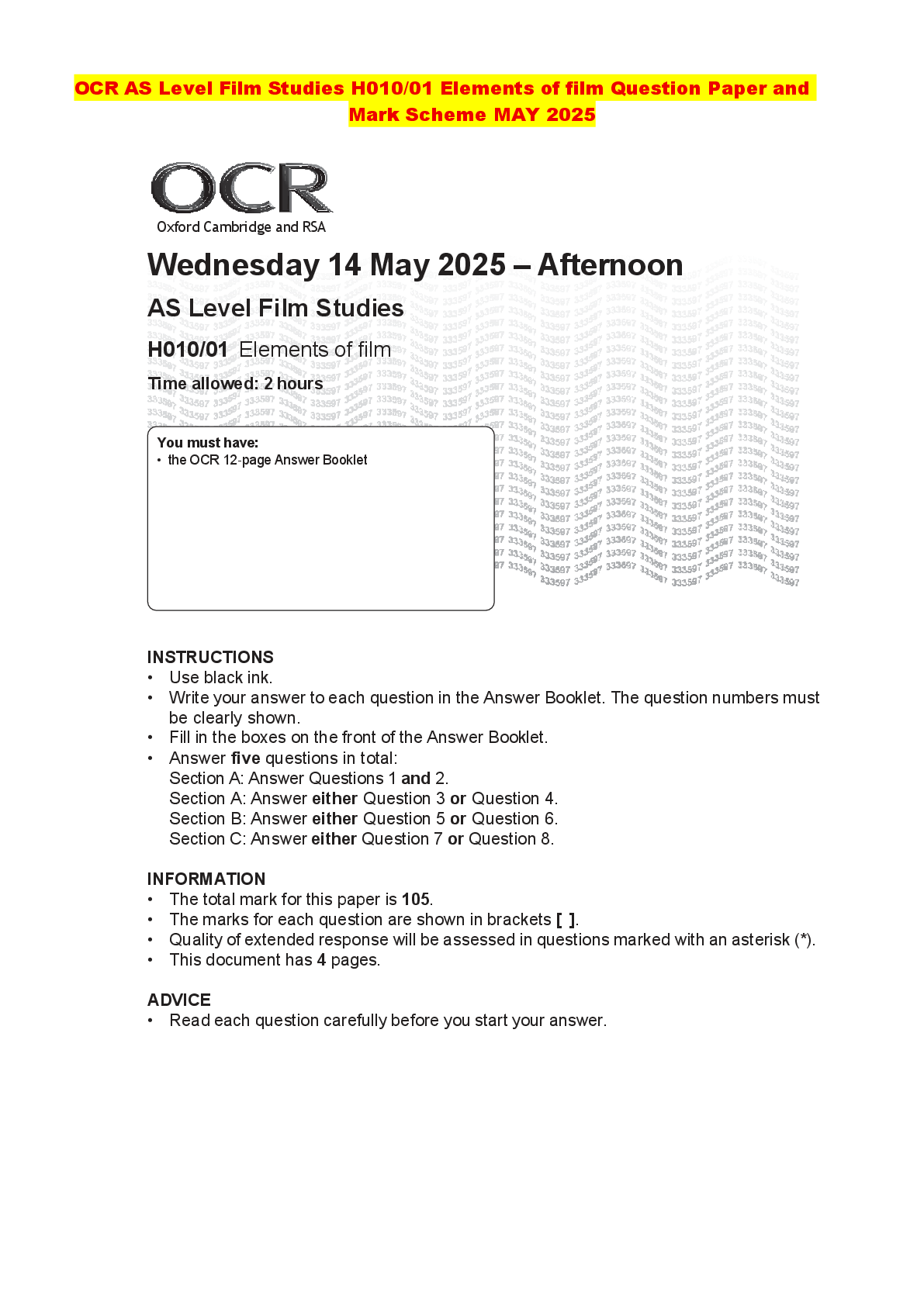 Recommended document preview for OCR AS Level Film Studies H010/01 Elements of film Question Paper and Mark Scheme MAY 2025