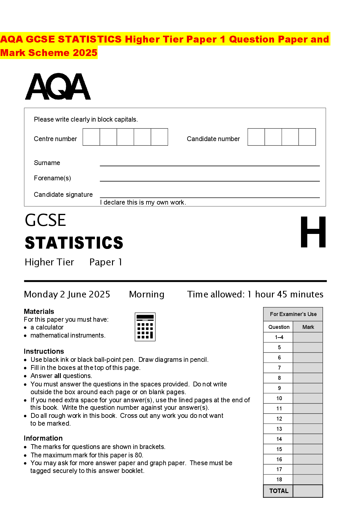 Recommended document preview for AQA GCSE STATISTICS Higher Tier Paper 1 Question Paper and Mark Scheme 2025