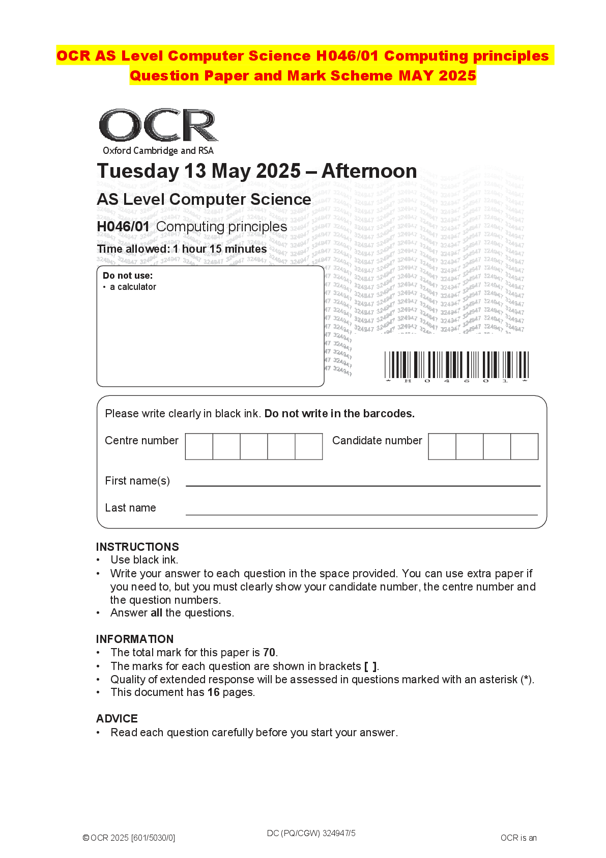 Recommended document preview for OCR AS Level Computer Science H046/01 Computing principles Question Paper and Mark Scheme MAY 2025