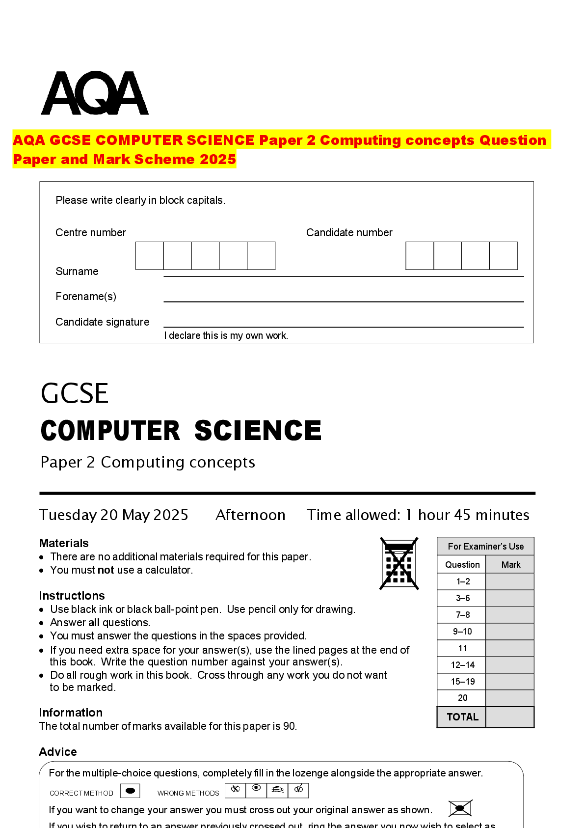 Recommended document preview for AQA GCSE COMPUTER SCIENCE Paper 2 Computing concepts Question Paper and Mark Scheme 2025