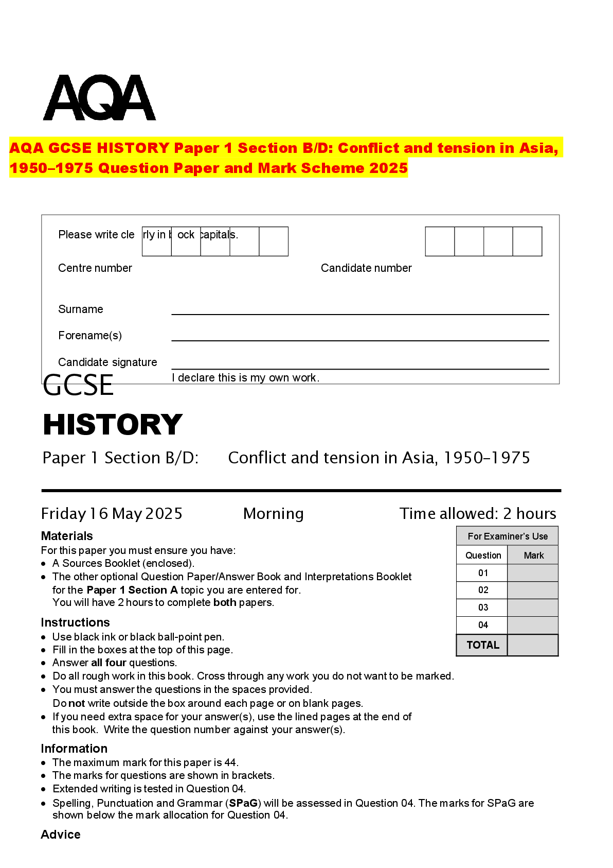 Preview of AQA GCSE HISTORY Paper 1 Section B/D: Conflict and tension in Asia, 1950–1975 Question Pap