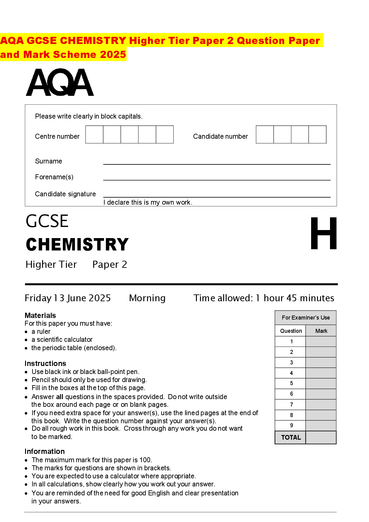 Recommended document preview for AQA GCSE CHEMISTRY Higher Tier Paper 2 Question Paper and Mark Scheme 2025
