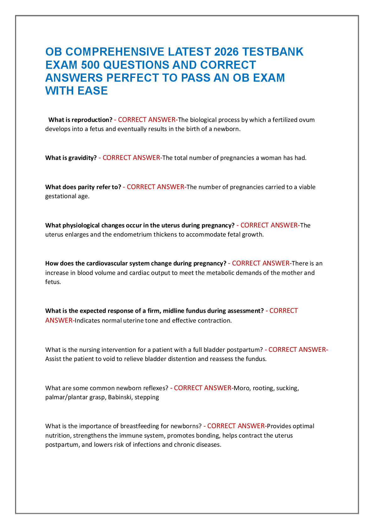 Recommended document preview for OB COMPREHENSIVE LATEST 2026 TESTBANK  EXAM 500 QUESTIONS AND CORRECT  ANSWERS PERFECT TO PASS AN OB EXAM  WITH EASE
