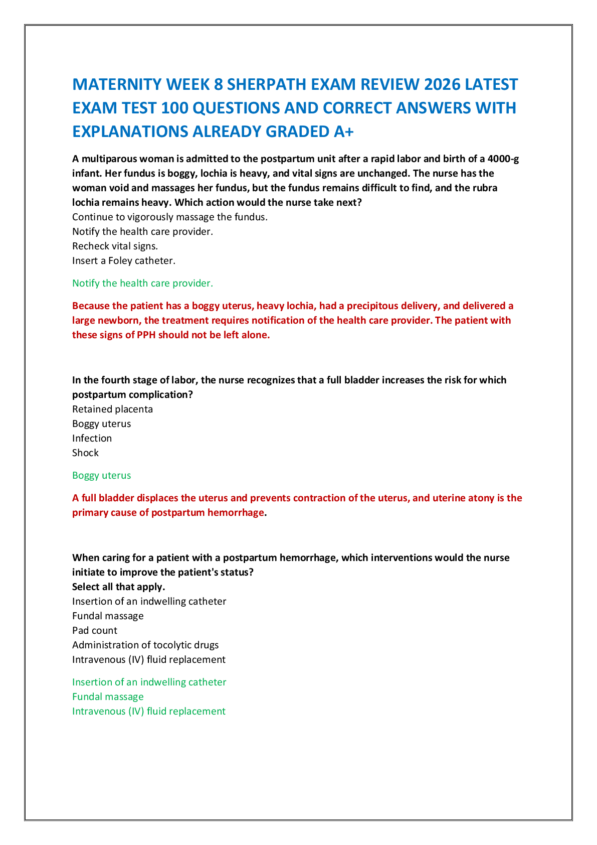 Recommended document preview for MATERNITY WEEK 8 SHERPATH EXAM REVIEW 2026 LATEST  EXAM TEST 100 QUESTIONS AND CORRECT ANSWERS WITH  EXPLANATIONS ALREADY GRADED A+