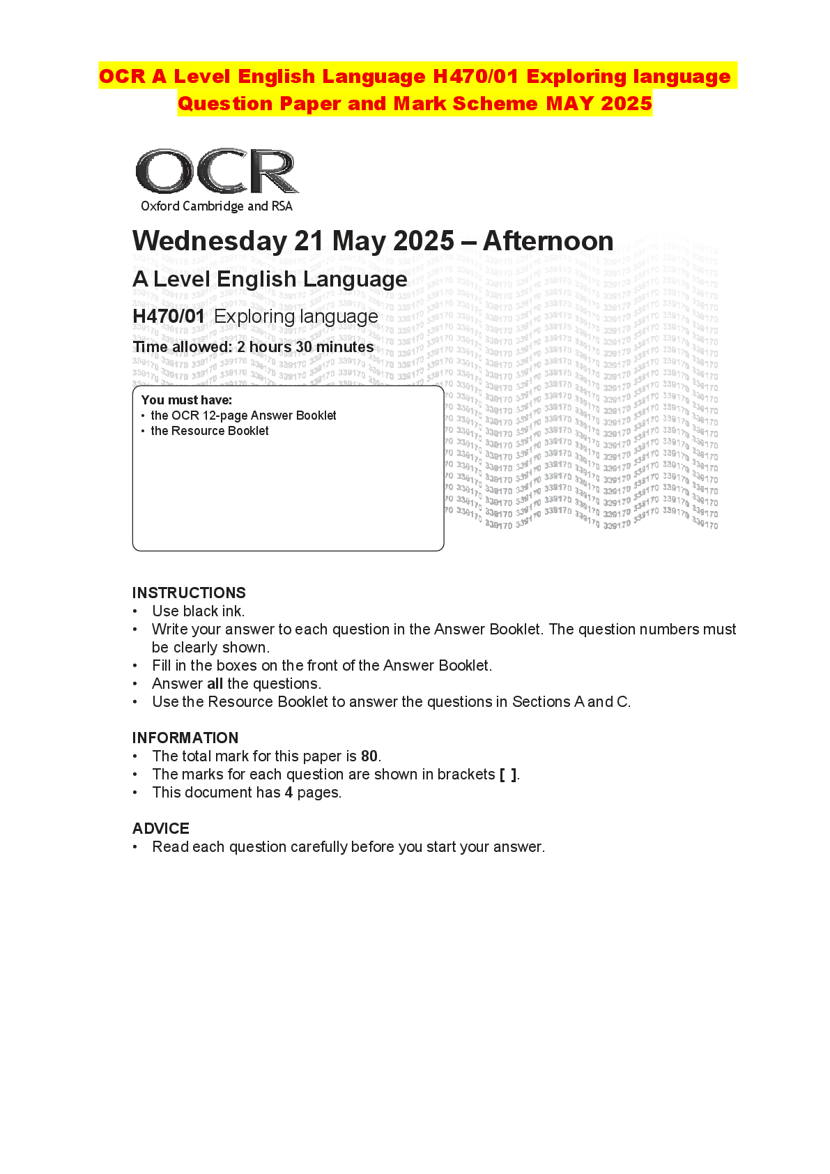 Recommended document preview for OCR A Level English Language H470/01 Exploring language Question Paper and Mark Scheme MAY 2025