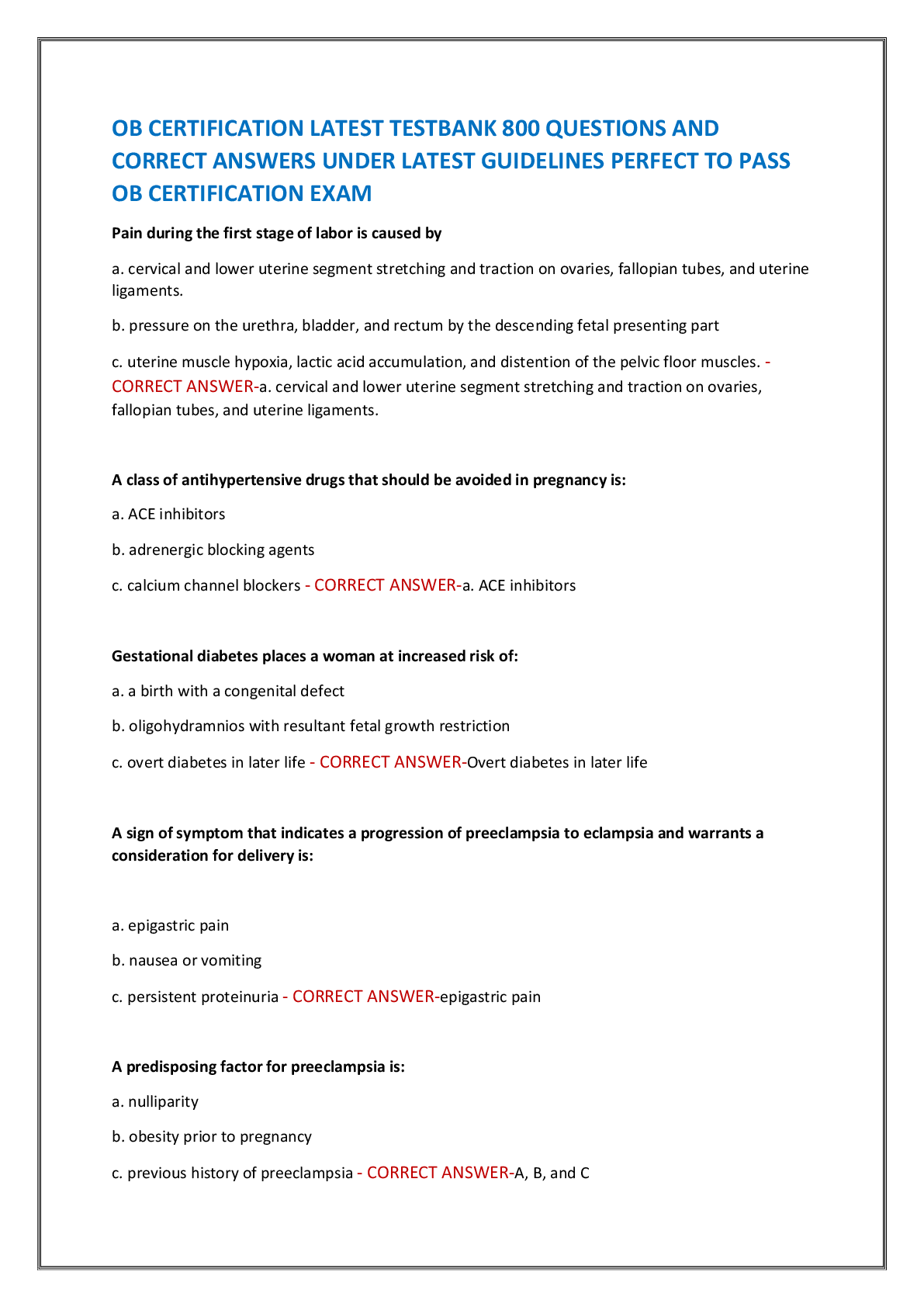 Recommended document preview for OB CERTIFICATION LATEST TESTBANK 800 QUESTIONS AND  CORRECT ANSWERS UNDER LATEST GUIDELINES PERFECT TO PASS  OB CERTIFICATION EXAM