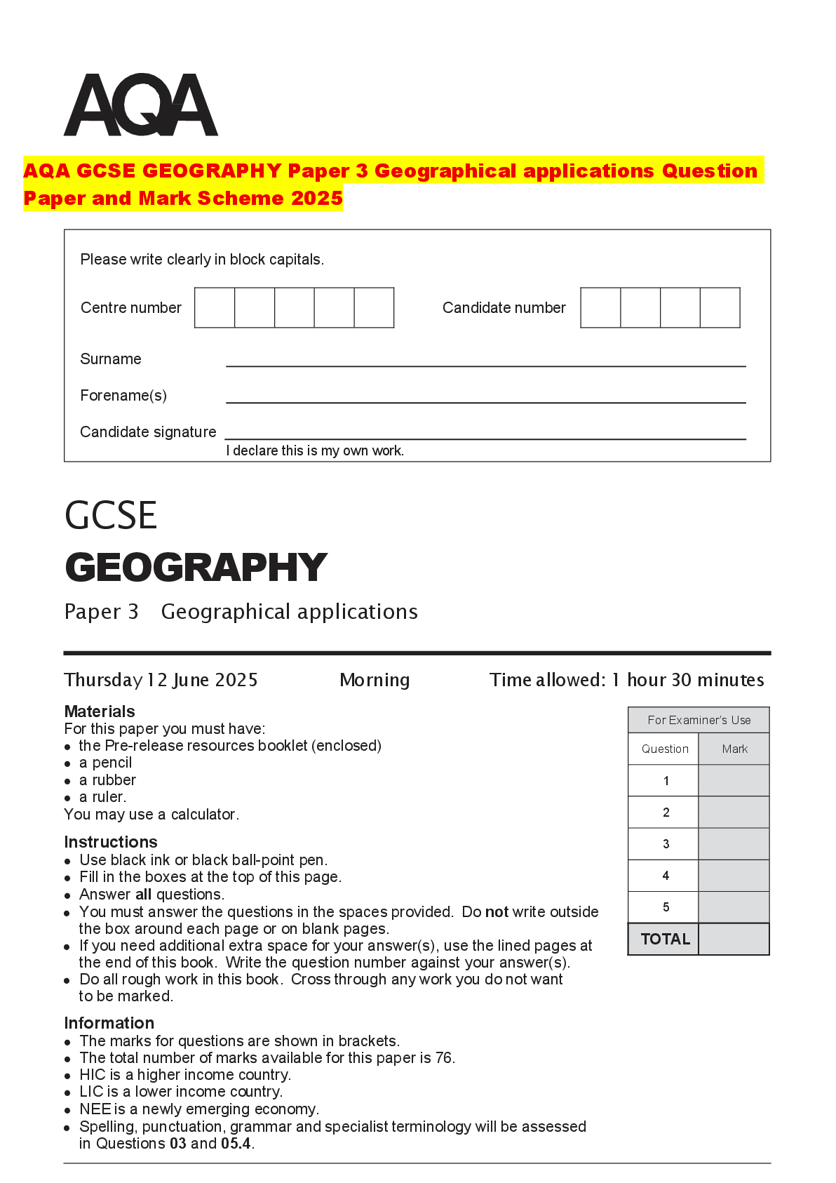 Recommended document preview for AQA GCSE GEOGRAPHY Paper 3 Geographical applications Question Paper and Mark Scheme 2025