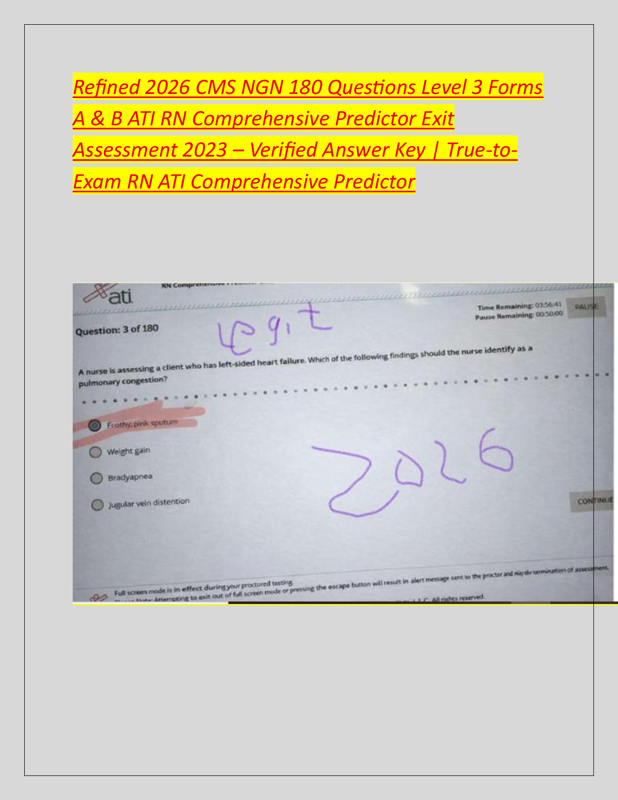 Recommended document preview for Refined 2026 CMS NGN 180 Questions Level 3 Forms  A & B ATI RN Comprehensive Predictor Exit  Assessment 2023 – Verified Answer Key | True-to Exam RN ATI Comprehensive Predictor