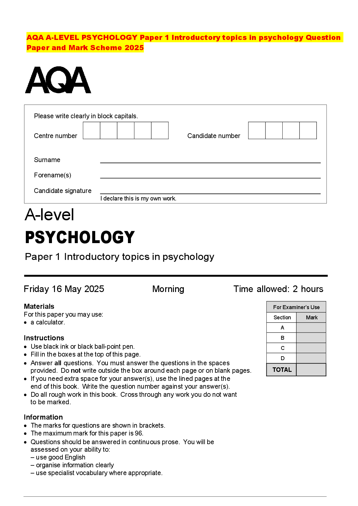 Recommended document preview for AQA A-LEVEL PSYCHOLOGY Paper 1 Introductory topics in psychology Question Paper and Mark Scheme 2025