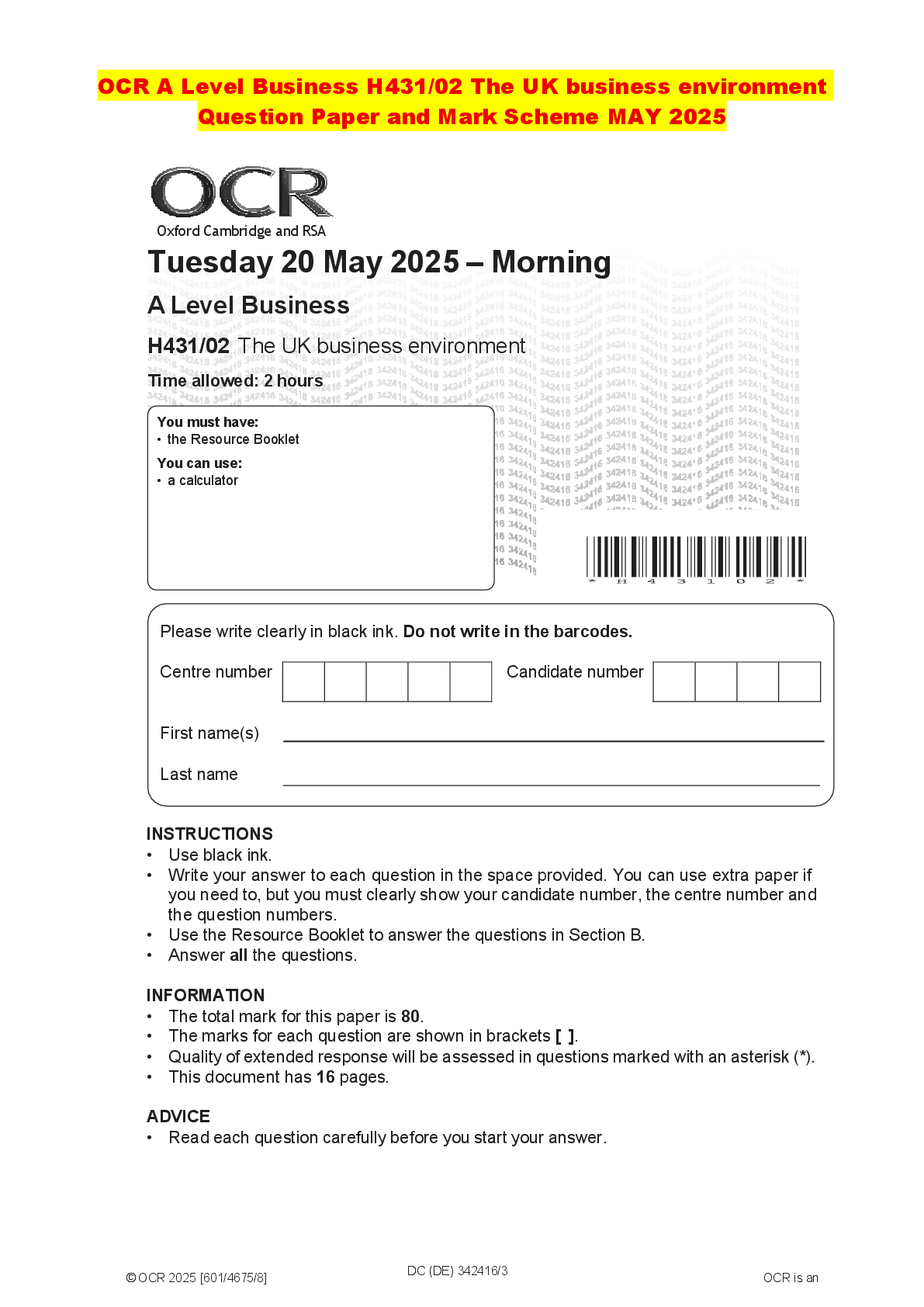 Recommended document preview for OCR A Level Business H431/02 The UK business environment Question Paper and Mark Scheme MAY 2025