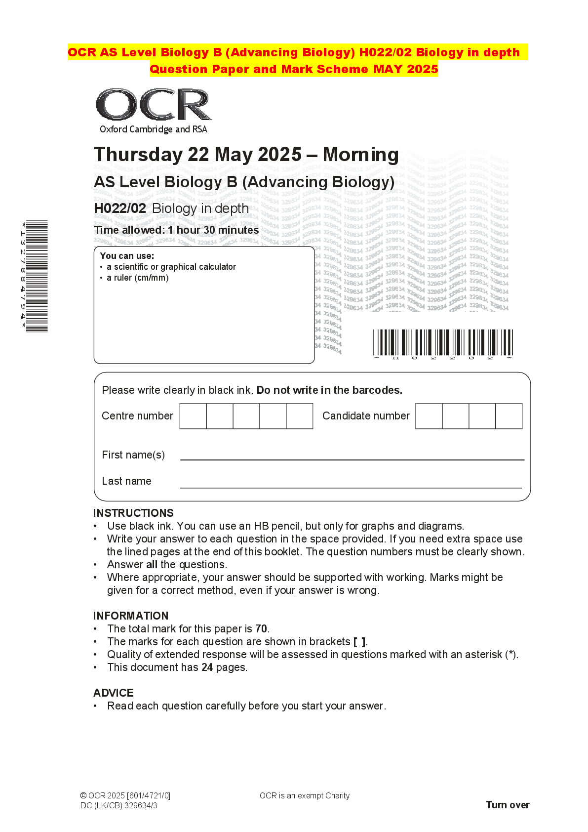 Recommended document preview for OCR AS Level Biology B (Advancing Biology) H022/02 Biology in depth Question Paper and Mark Scheme MAY 2025
