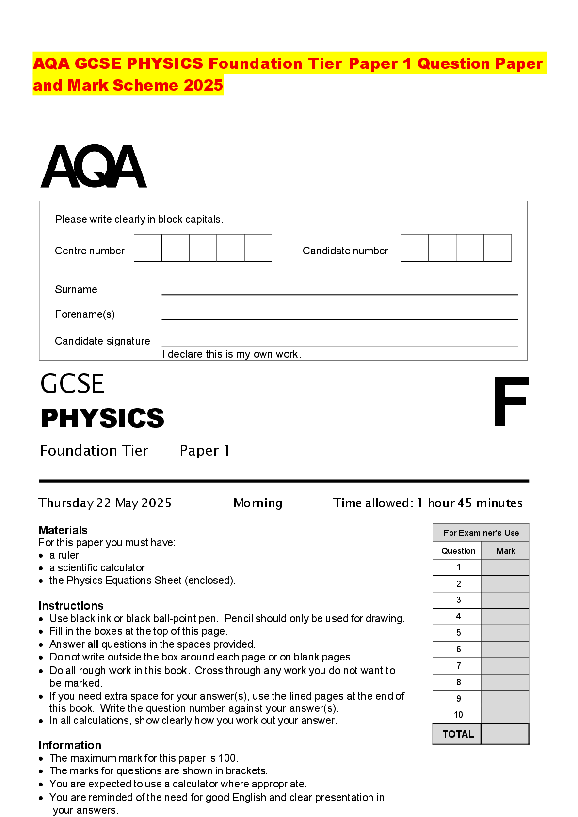 Recommended document preview for AQA GCSE PHYSICS Foundation Tier Paper 1 Question Paper and Mark Scheme 2025