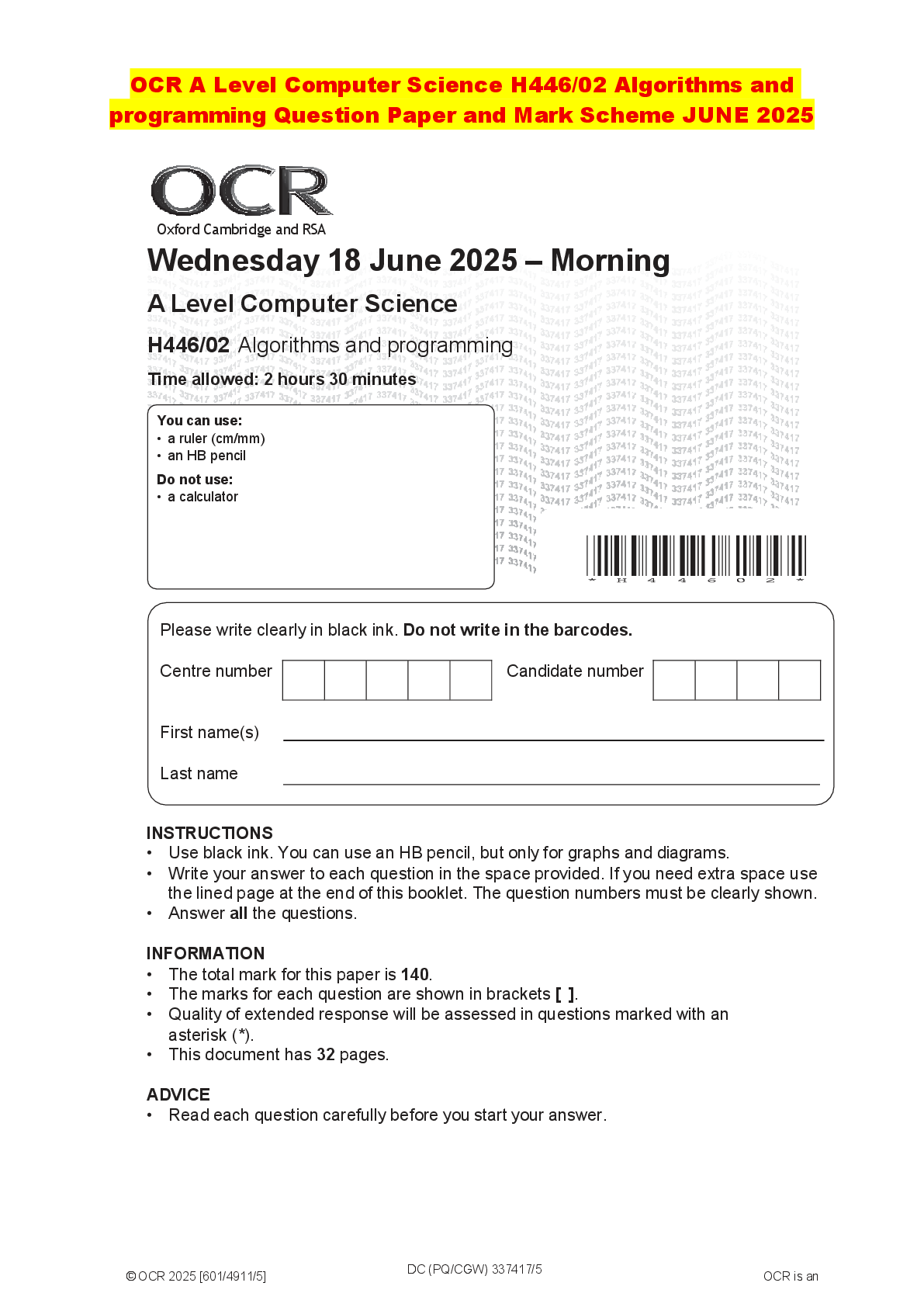 Recommended document preview for OCR A Level Computer Science H446/02 Algorithms and programming Question Paper and Mark Scheme JUNE 2025