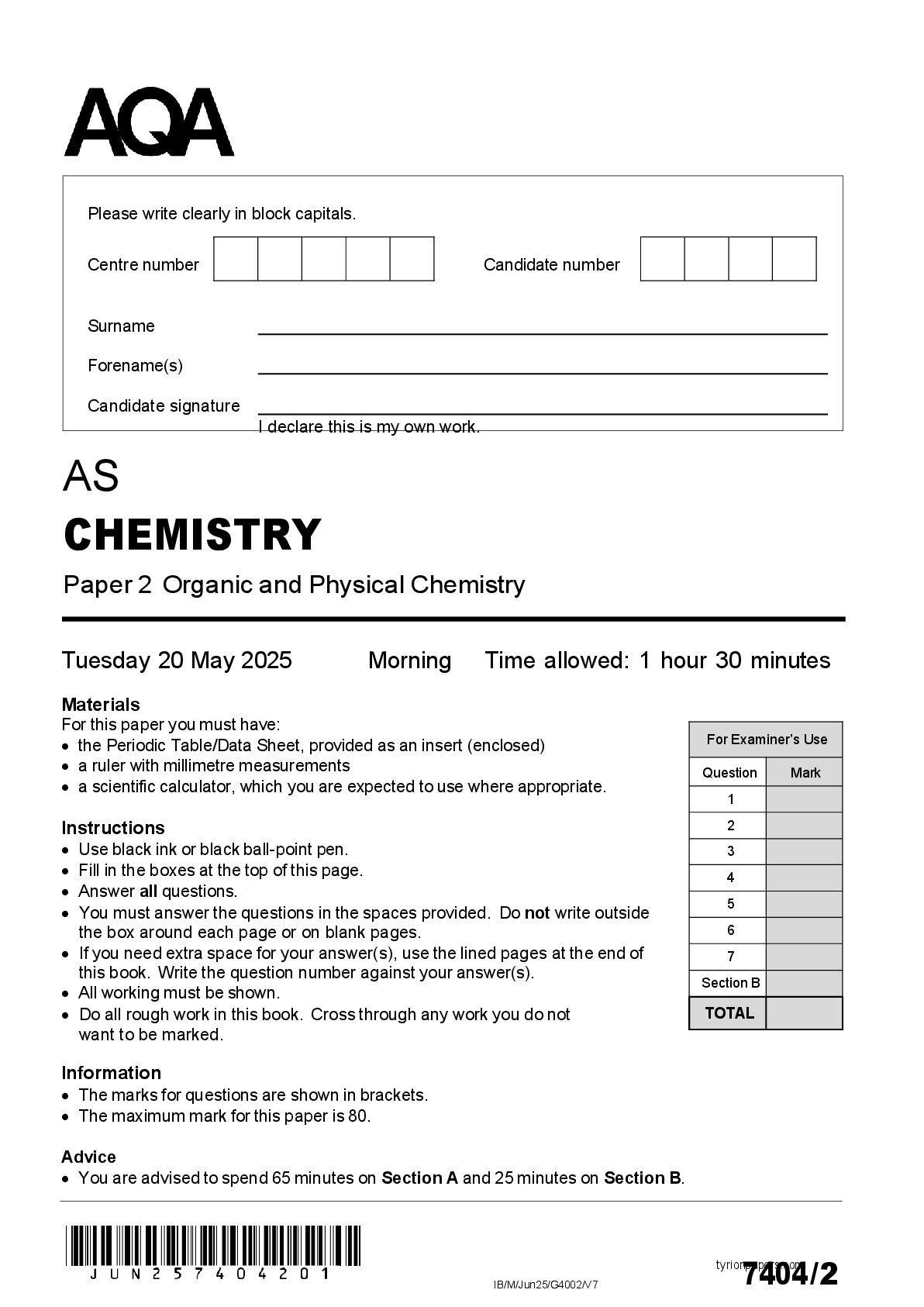 Recommended document preview for AQA AS CHEMISTRY Paper 2 Organic and Physical Chemistry MAY 2025