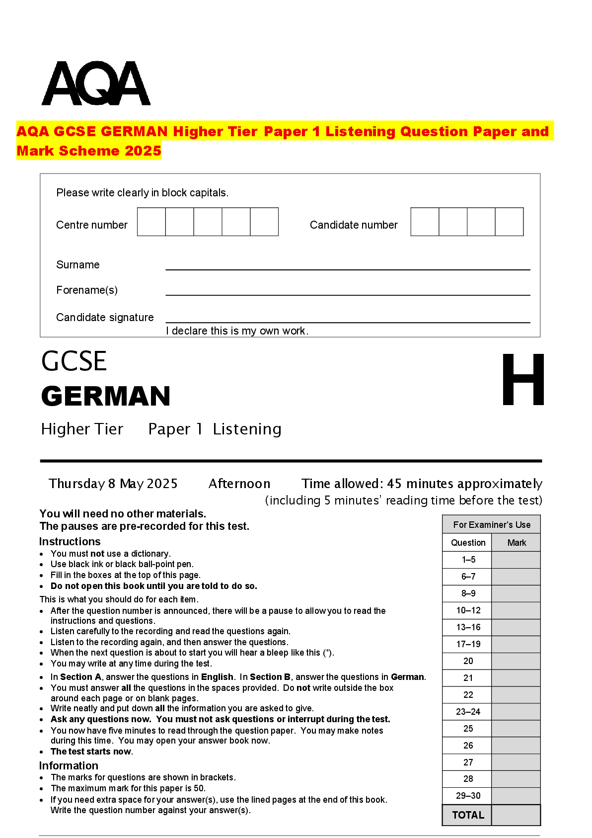 Recommended document preview for AQA GCSE GERMAN Higher Tier Paper 1 Listening Question Paper and Mark Scheme 2025