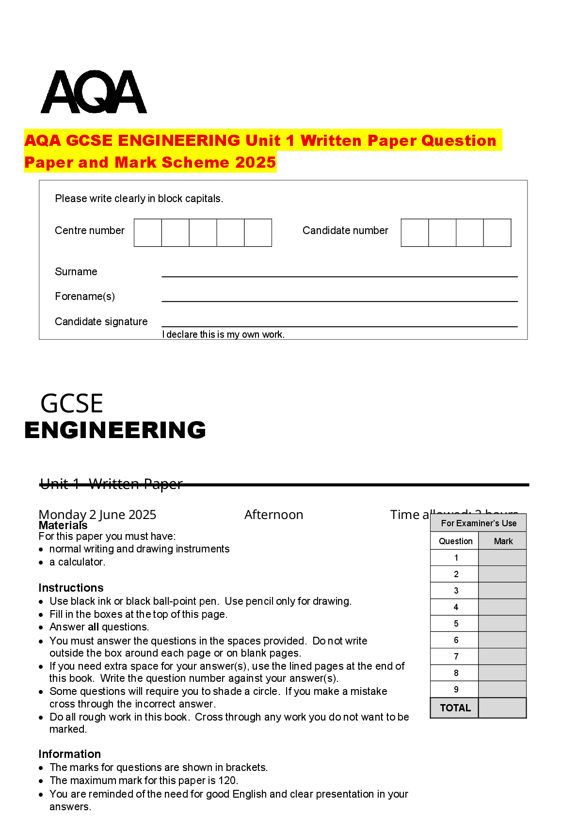 Recommended document preview for AQA GCSE ENGINEERING Unit 1 Written Paper Question Paper and Mark Scheme 2025