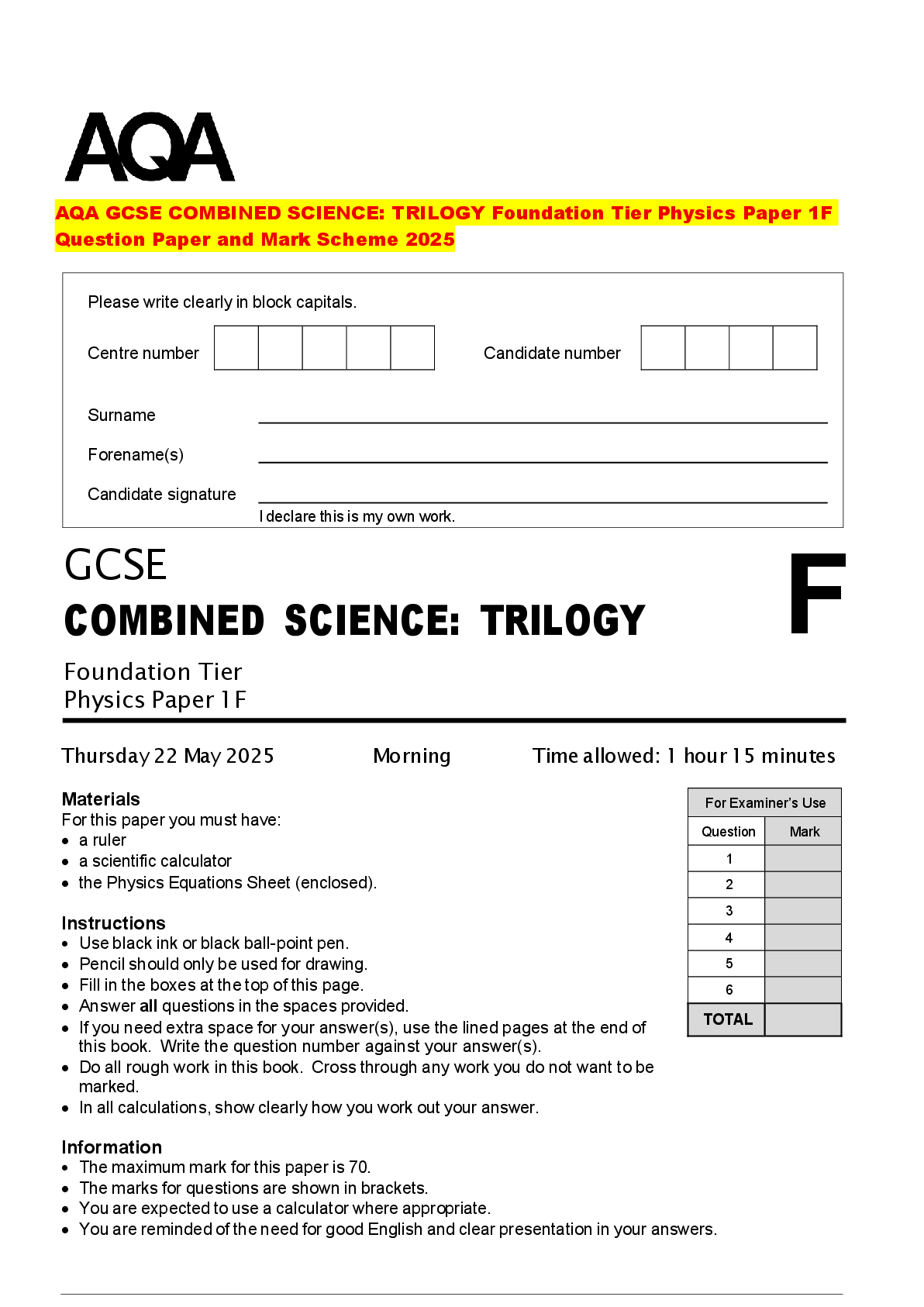 Recommended document preview for AQA GCSE COMBINED SCIENCE: TRILOGY Foundation Tier Physics Paper 1F Question Paper and Mark Scheme 2025