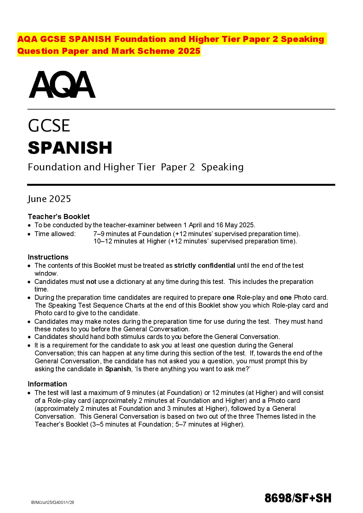 Recommended document preview for AQA GCSE SPANISH Foundation and Higher Tier Paper 2 Speaking Question Paper and Mark Scheme 2025