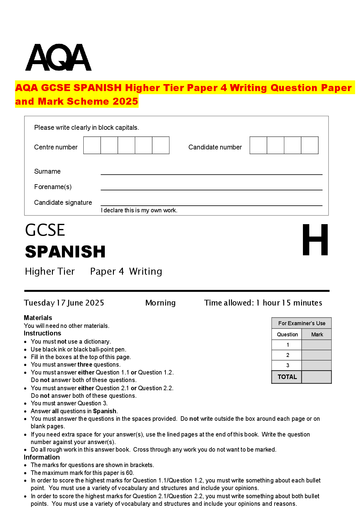 Recommended document preview for AQA GCSE SPANISH Higher Tier Paper 4 Writing Question Paper and Mark Scheme 2025