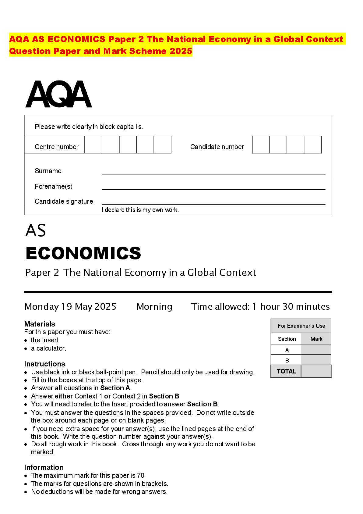 Recommended document preview for AQA AS ECONOMICS Paper 2 The National Economy in a Global Context Question Paper and Mark Scheme 2025