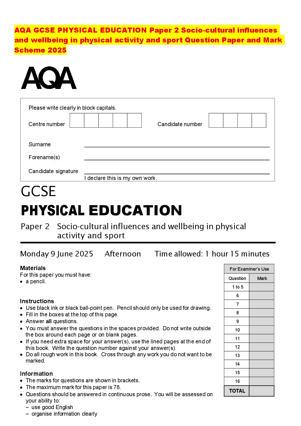 Preview of AQA GCSE PHYSICAL EDUCATION Paper 2 Socio-cultural influences and wellbeing in physical ac