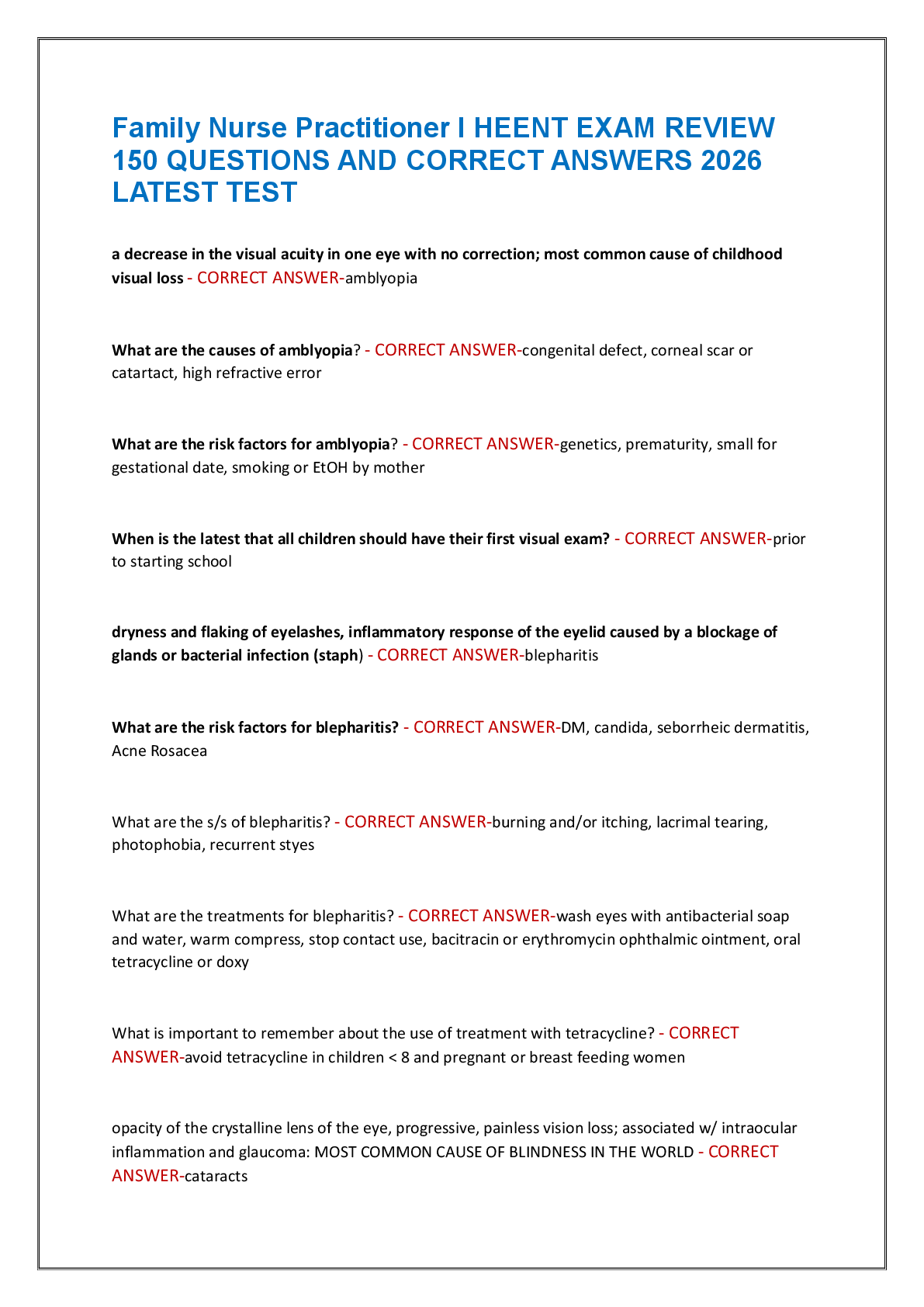 Preview of Family Nurse Practitioner I HEENT EXAM REVIEW  150 QUESTIONS AND CORRECT ANSWERS 2026  LAT