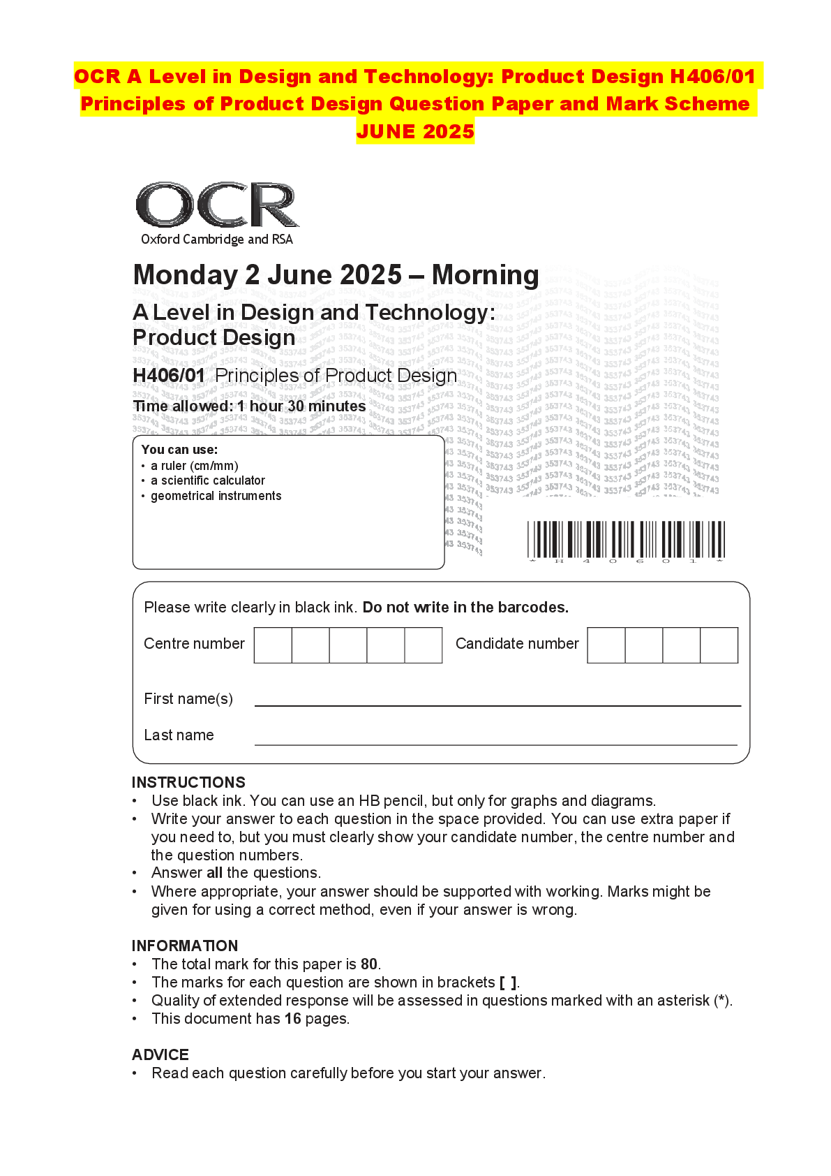 Preview of OCR A Level in Design and Technology: Product Design H406/01 Principles of Product Design