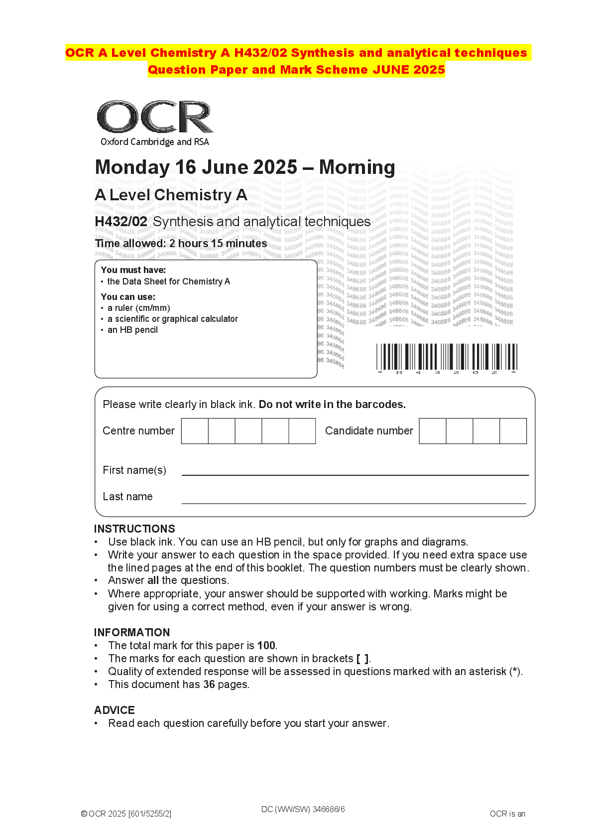 Recommended document preview for OCR A Level Chemistry A H432/02 Synthesis and analytical techniques Question Paper and Mark Scheme JUNE 2025