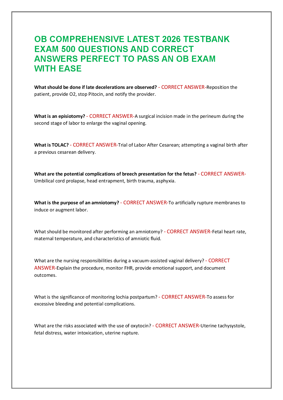 Recommended document preview for OB COMPREHENSIVE LATEST 2026 TESTBANK  EXAM 500 QUESTIONS AND CORRECT  ANSWERS PERFECT TO PASS AN OB EXAM  WITH EASE
