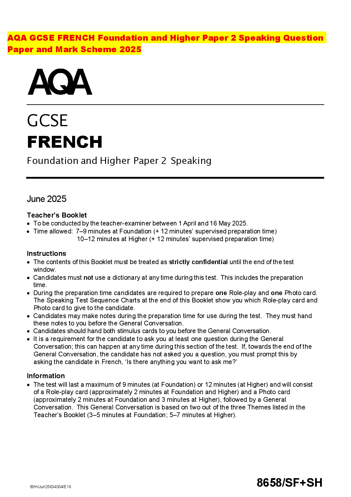 Recommended document preview for AQA GCSE FRENCH Foundation and Higher Paper 2 Speaking Question Paper and Mark Scheme 2025