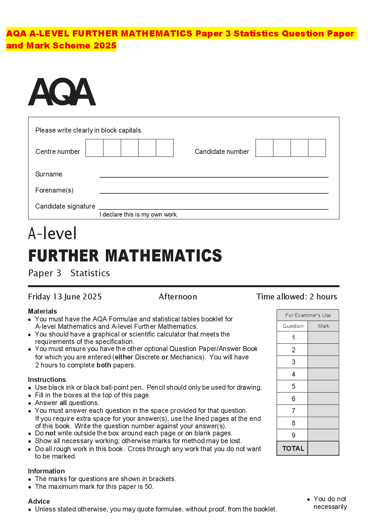 Recommended document preview for AQA A-LEVEL FURTHER MATHEMATICS Paper 3 Statistics Question Paper and Mark Scheme 2025