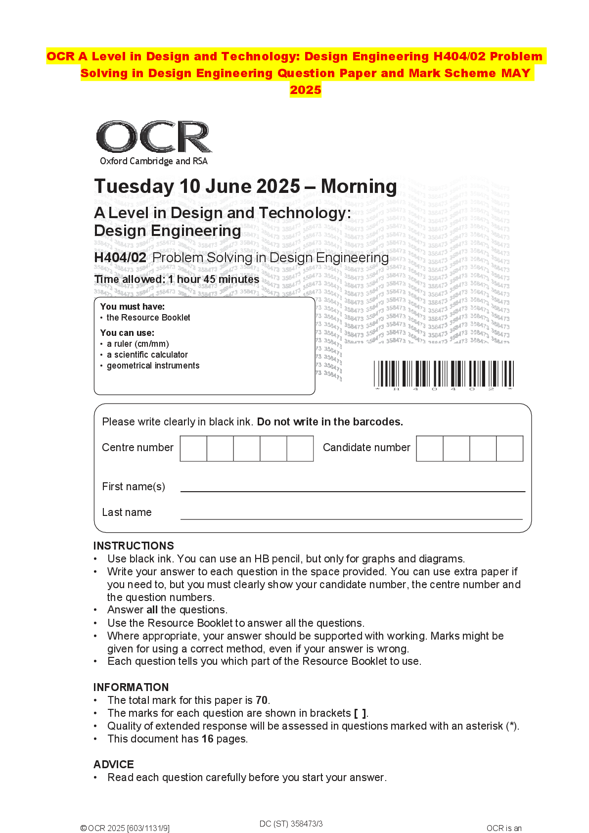 Recommended document preview for OCR A Level in Design and Technology: Design Engineering H404/02 Problem Solving in Design Engineering Question Paper and Mark Scheme MAY 2025